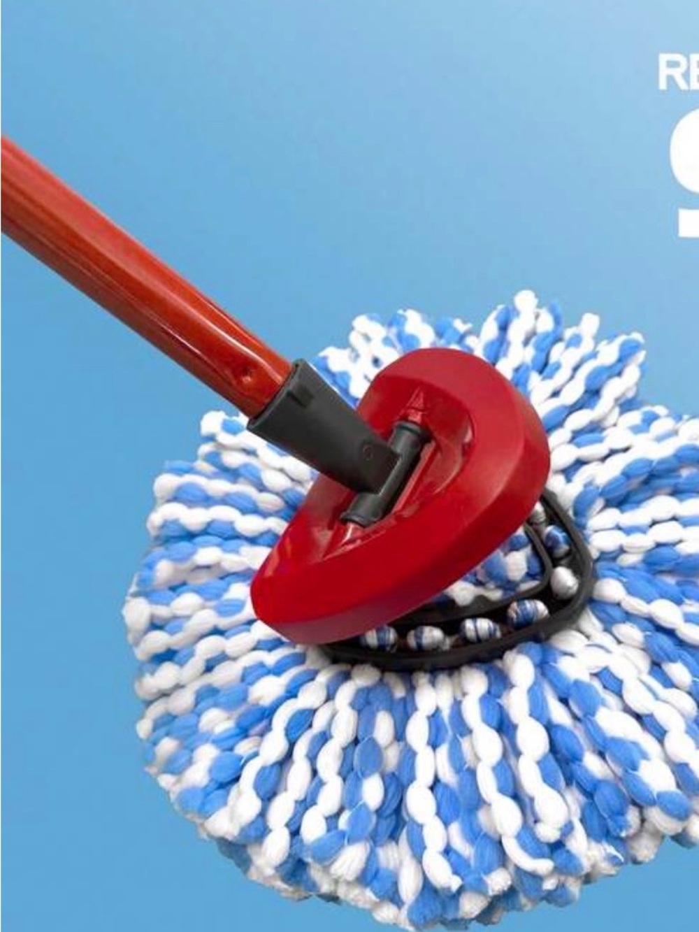 Red Spin Mop with Blue & White Microfiber Head - Easy Floor Cleaning